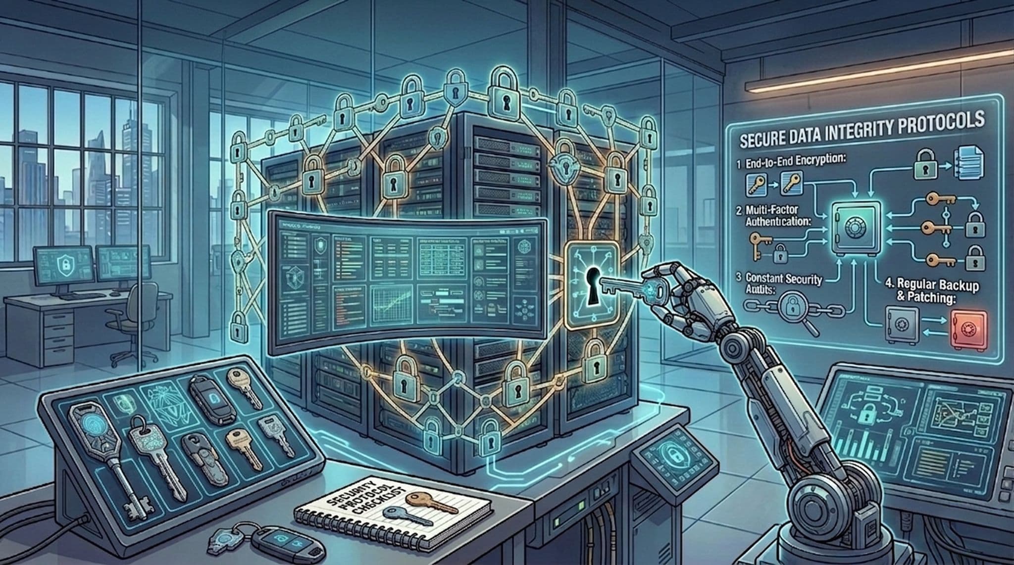 Illustration of secure data integrity protocols protecting an encrypted ad data server with locks and authentication keys