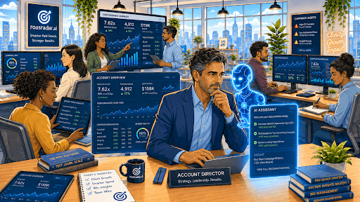 Illustration of an agency account director overseeing multiple client account dashboards and a team of managers in an open office
