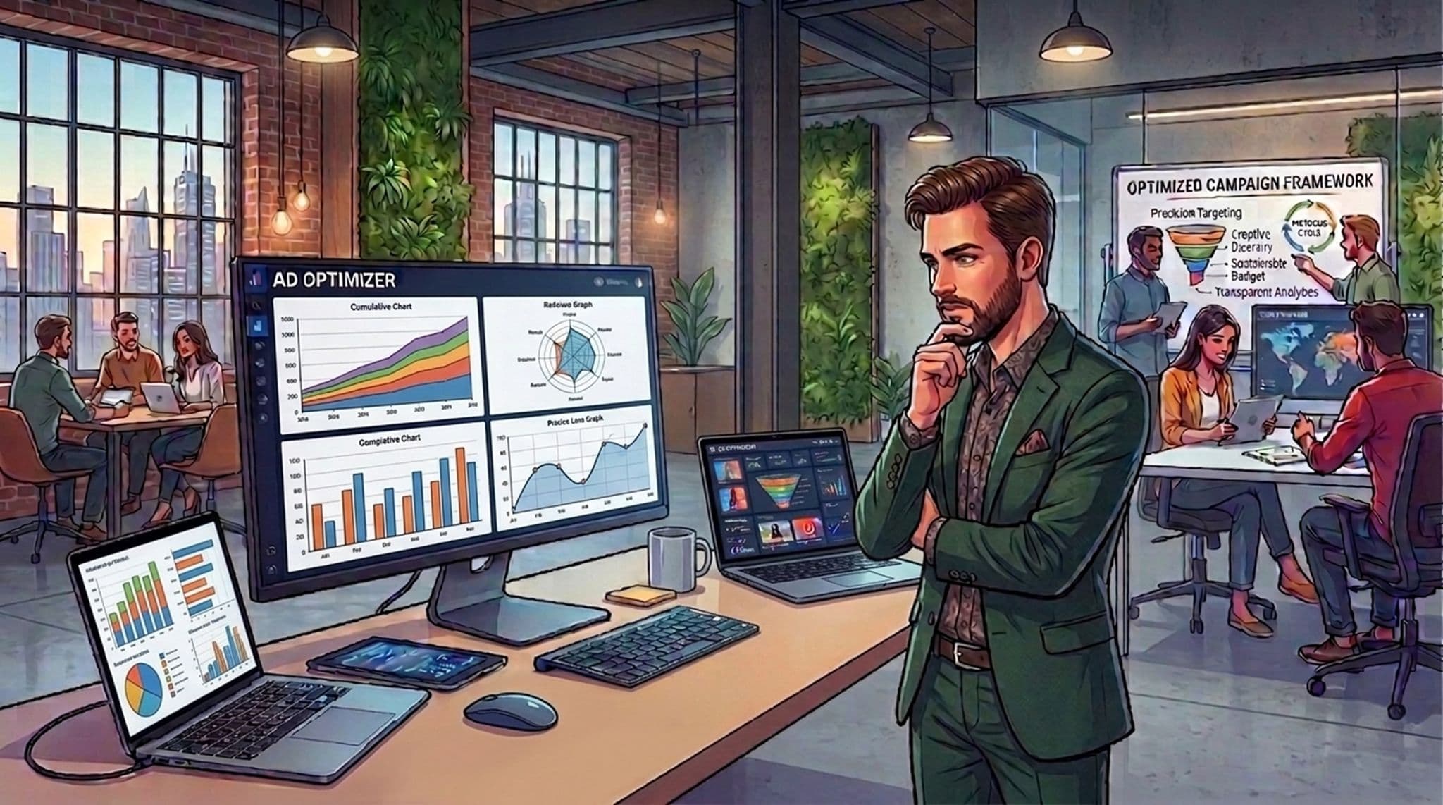 Illustrated PPC strategist reviewing an AI ad optimizer dashboard with cumulative ROAS charts and an optimized campaign framework whiteboard