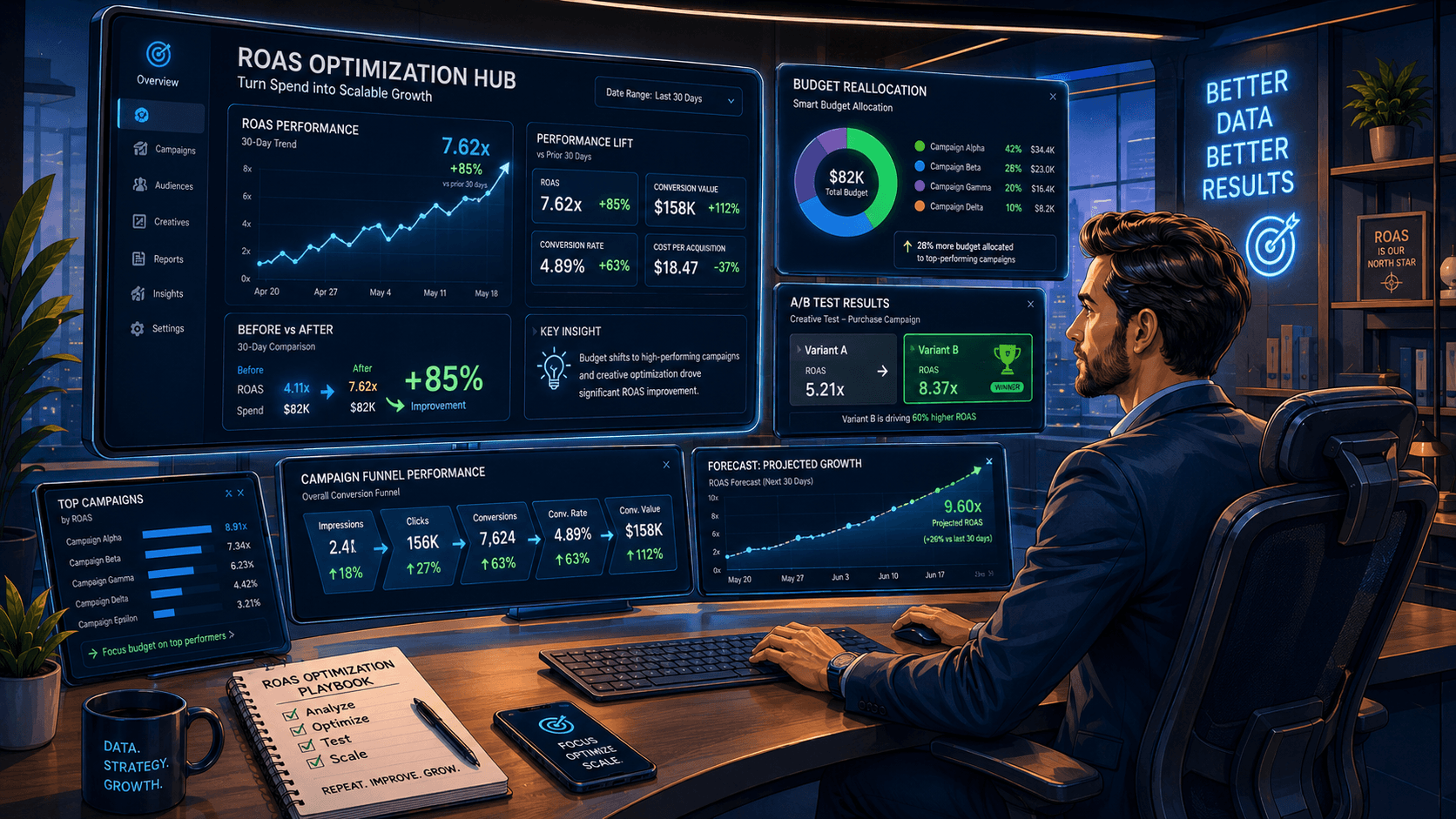 Illustration of a ROAS optimization hub dashboard showing performance lift, budget allocation, and campaign forecasts