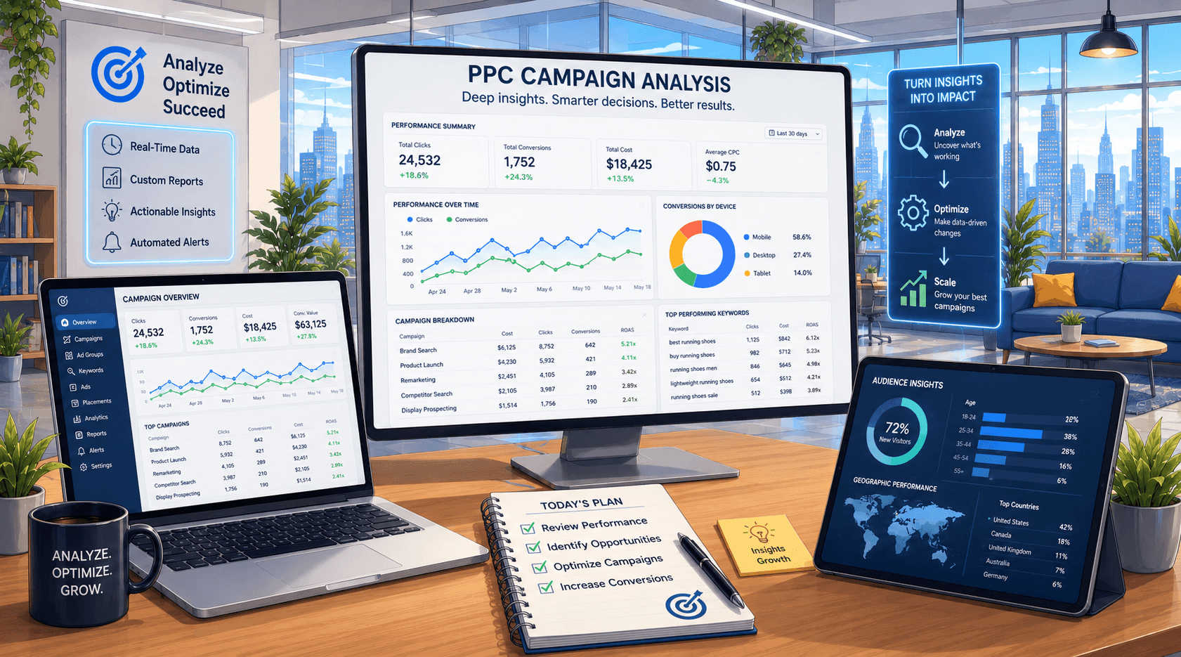 Illustration of PPC campaign analysis software surfacing performance summaries, conversion breakdowns, and a prioritized daily plan