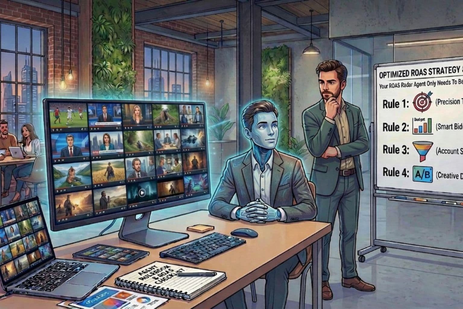 Illustrated PPC manager and AI agent reviewing ad campaign analytics on a multi-screen workspace