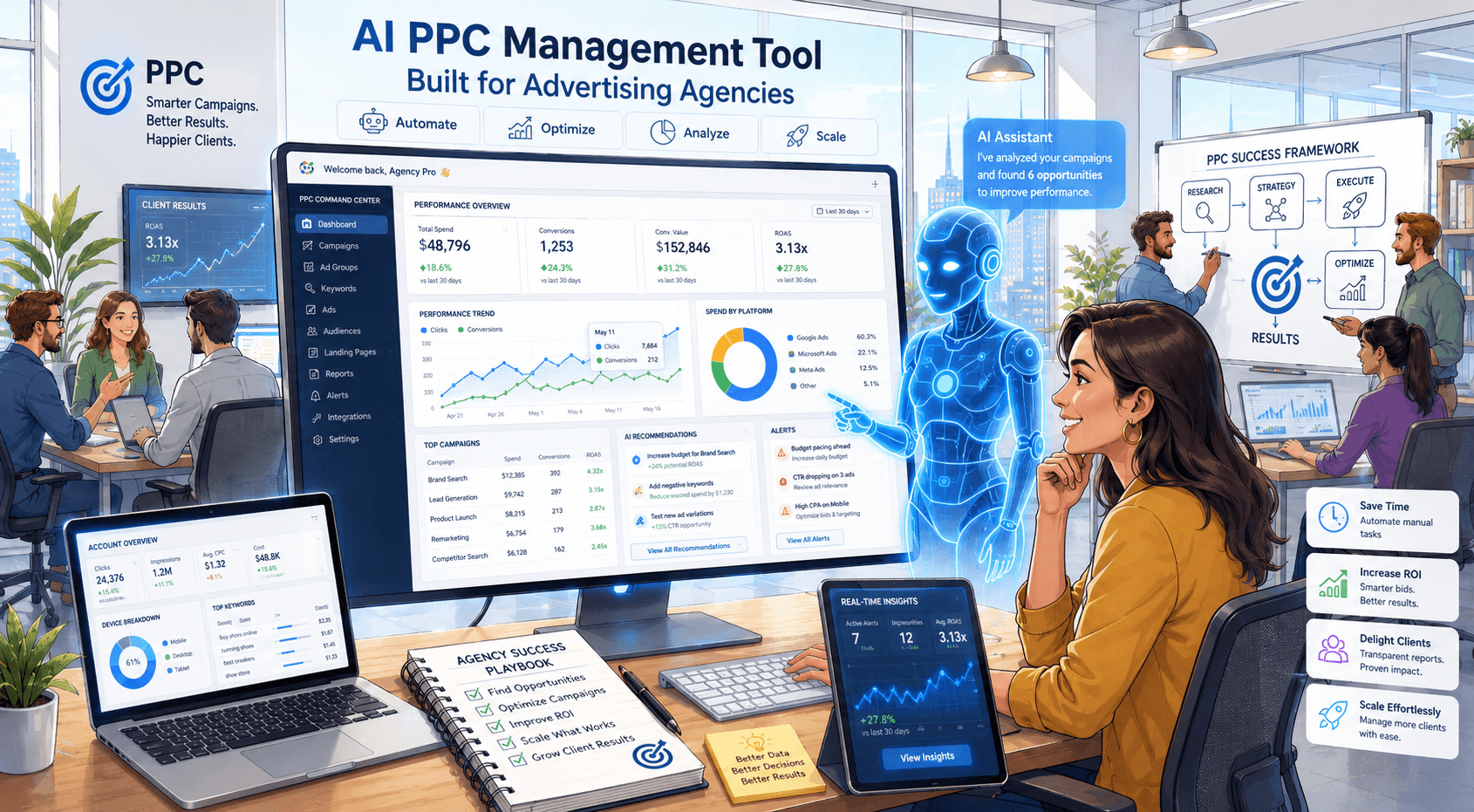 Illustration of an AI PPC management tool dashboard built for advertising agencies, with an AI assistant and per-account performance panels