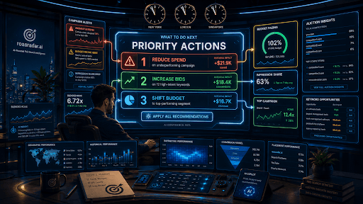 Illustration of a campaign manager reviewing a real-time ROAS Radar dashboard surfacing prioritized actions — reduce spend, increase bids, shift budget — across paid search performance panels