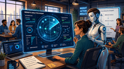Illustration of a marketer and an AI assistant reading a GA4 behavior dashboard with session paths, drop-off points, and traffic quality insights in real time